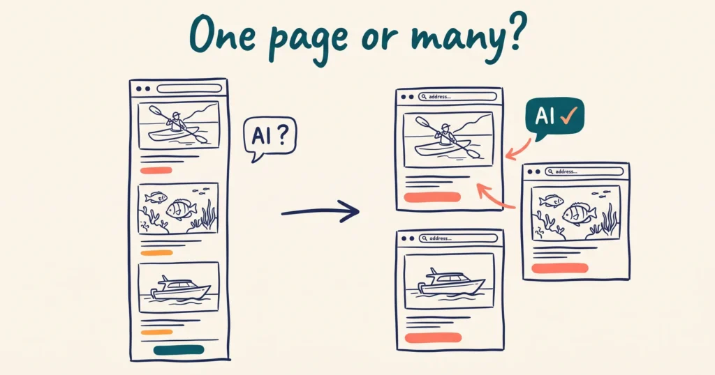 AI-generated illustration: hand-drawn whiteboard sketch titled One page or many? A single long scrolling web page with a kayak, a reef and a boat, beside a confused AI speech bubble, and an arrow to three separate tour pages with an AI speech bubble and a tick.