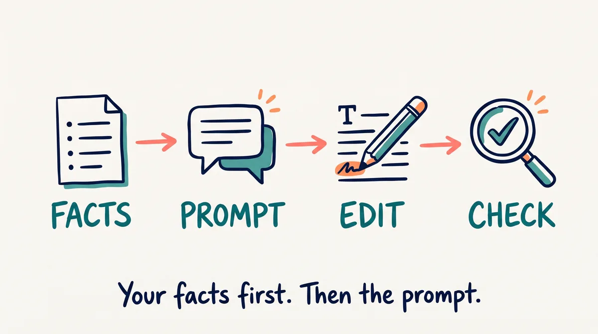 AI-generated illustration of the four steps to a Google Business Profile description: facts, prompt, edit, check.