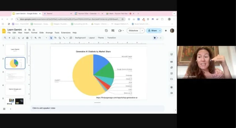 Fabienne Wintle presenting Google Slides on generative AI chatbots market share during online workshop.