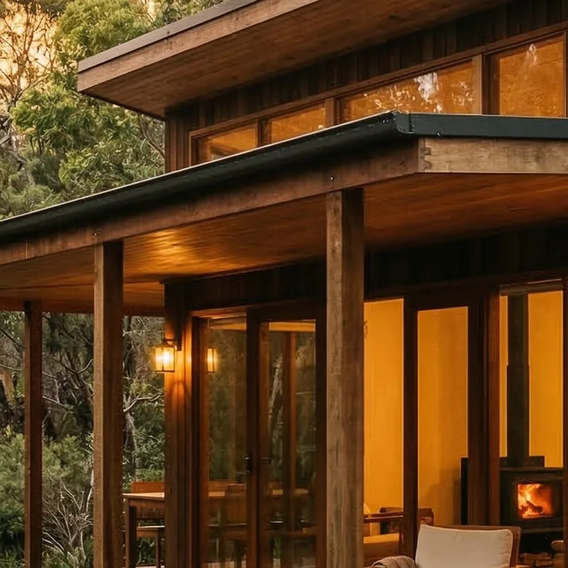 Modern Australian eco lodge with timber and glass architecture at golden hour