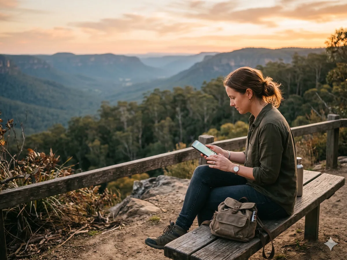 Traveller sitting at an Australian mountain lookout searching on a tablet at golden hour