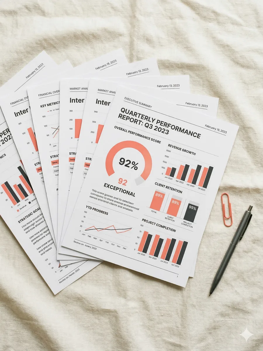 GEO Readiness Report pages fanned out showing score gauges and charts in coral and charcoal