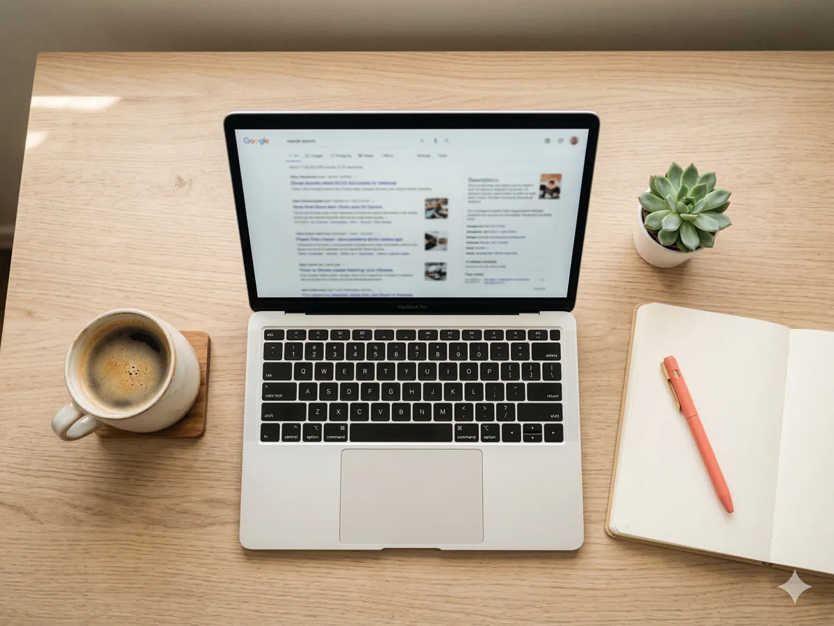 Laptop on a timber desk showing Google search results with coffee cup and notebook