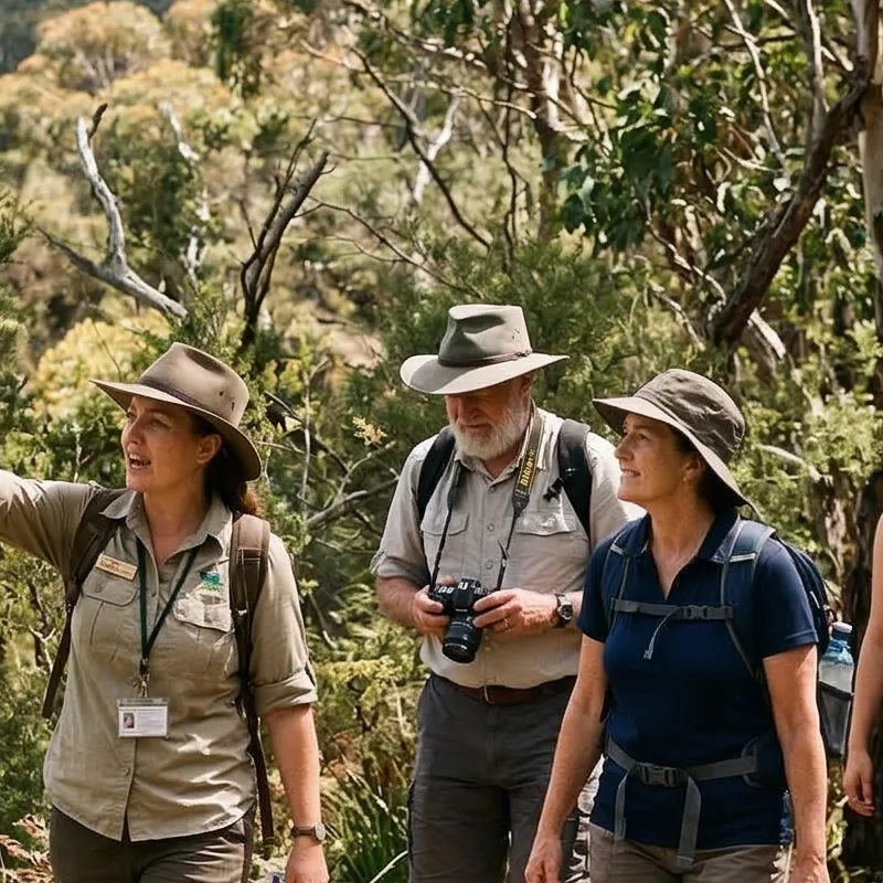 Small group of tourists on a guided walking tour through Australian bushland