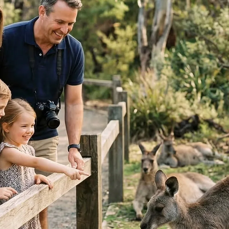 Family watching kangaroos at an Australian wildlife sanctuary