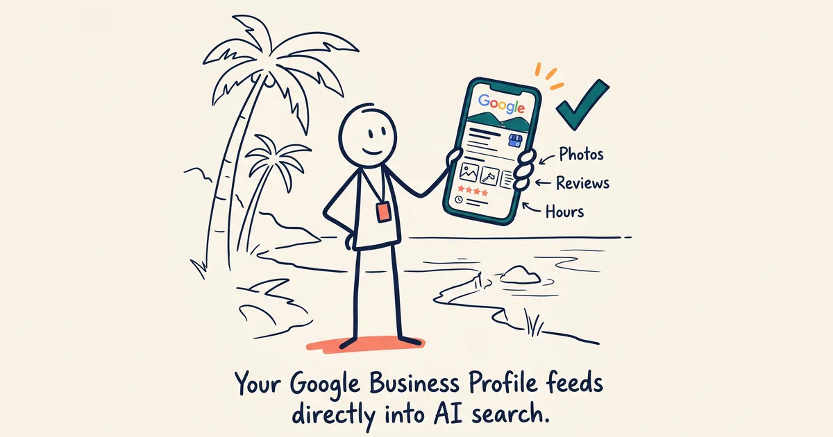 Tourism operator updating their Google Business Profile on a smartphone by the coast
