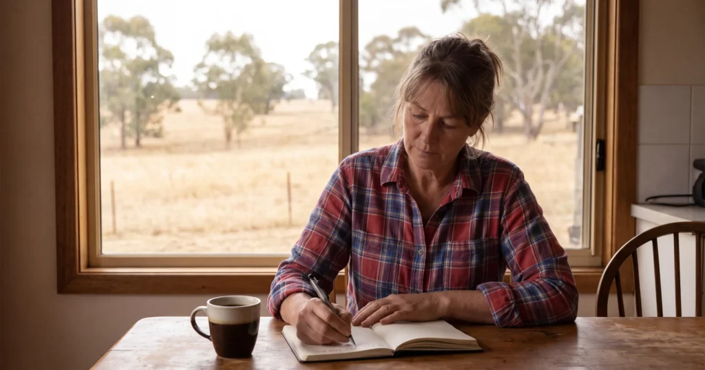 A farm stay host in a checked shirt writes notes in a notebook at a timber kitchen table, with a mug of coffee beside her and dry paddocks and gum trees through the window. AI-generated image.