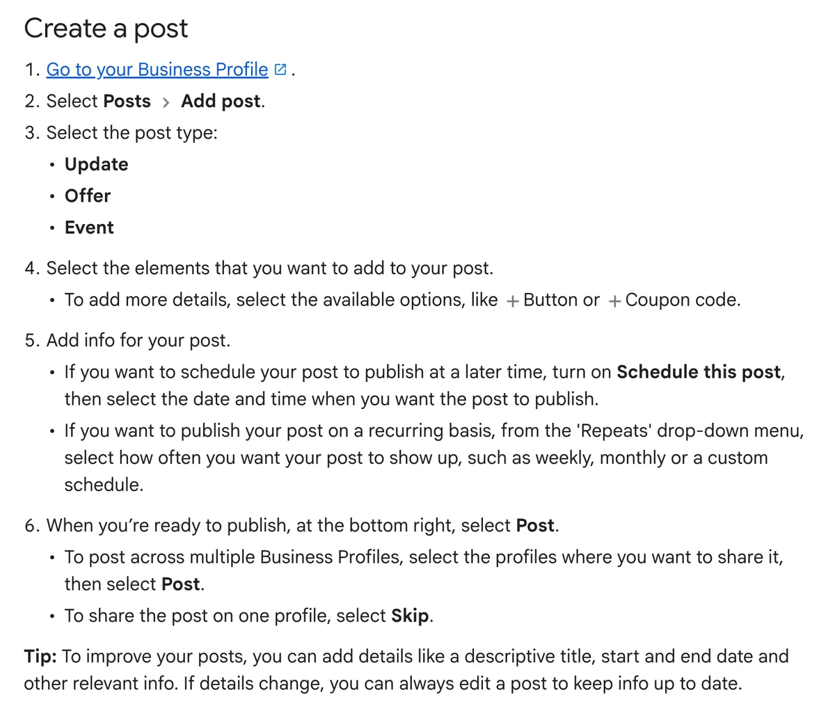 Google Business Profile Help steps to create a post: choose Update, Offer or Event, add a button or coupon code, schedule the post or set it to repeat weekly or monthly.