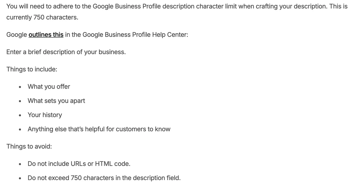 Screenshot of BrightLocal's guide quoting Google's Business Profile Help Center. Things to include: what you offer, what sets you apart, your history, anything else that's helpful for customers to know. Things to avoid: do not include URLs or HTML code, do not exceed 750 characters in the description field.