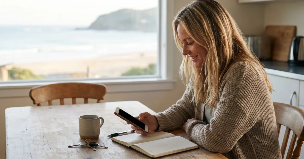 A woman planning a holiday on her phone at a sunlit kitchen table
