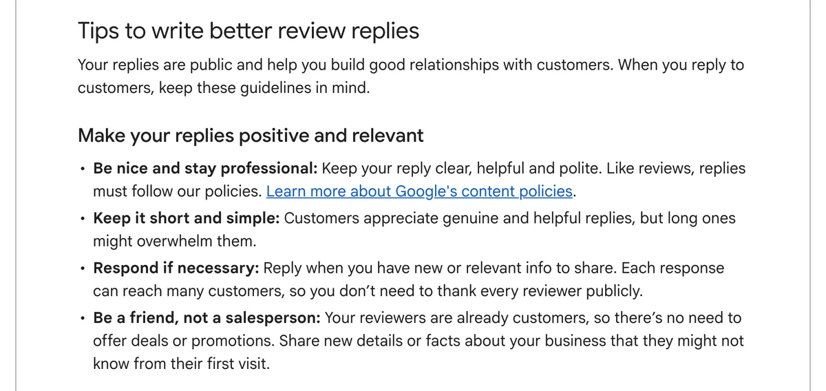 Google Business Profile help page, Tips to write better review replies, including "Respond if necessary" and "Be a friend, not a salesperson"