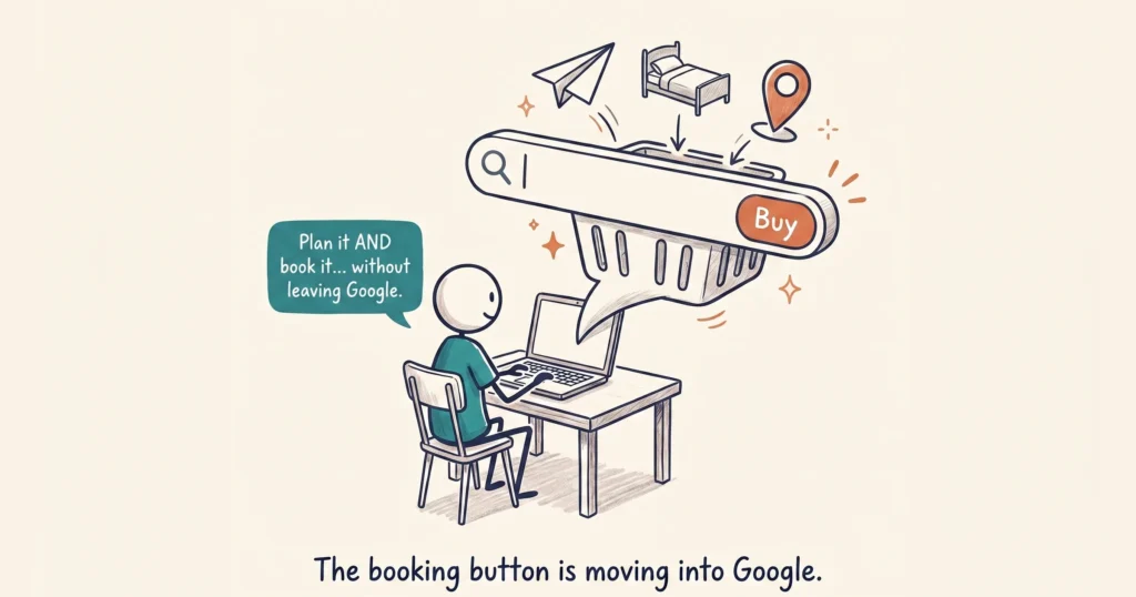 Sketch of a Google search bar turning into a shopping basket with a flight, hotel and tour dropping in