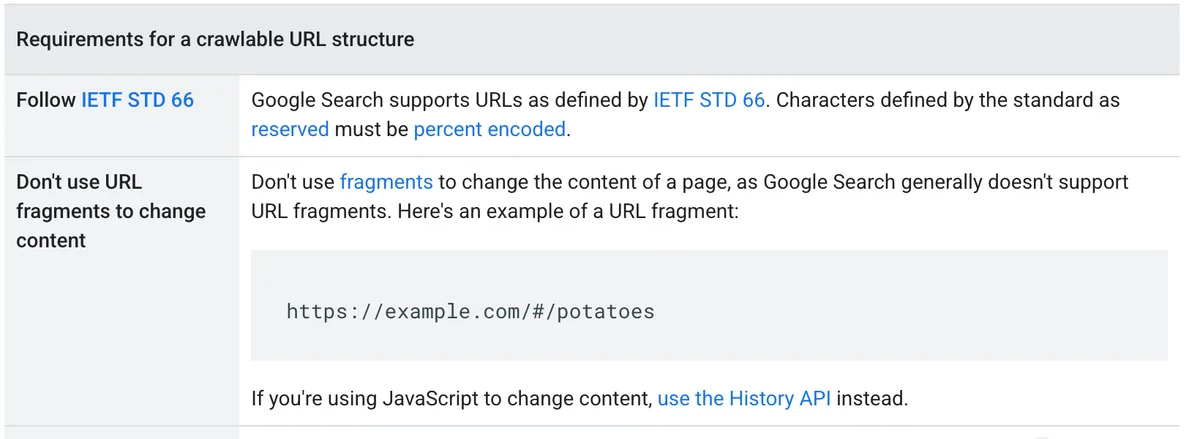 Screenshot of Google Search Central's URL structure guidance, showing the rule "Don't use URL fragments to change content" and the example https://example.com/#/potatoes.