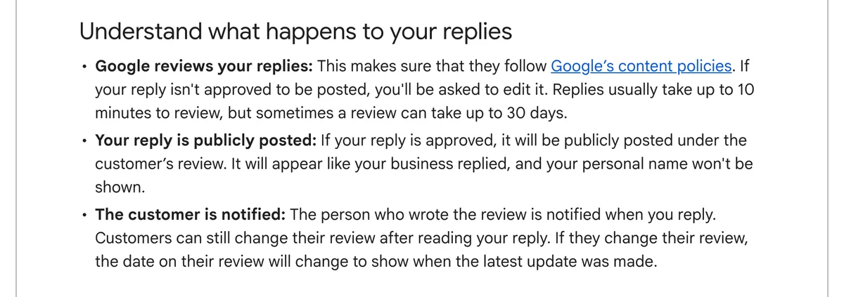 Google Business Profile help page, Understand what happens to your replies: Google reviews your replies, your reply is publicly posted, the customer is notified
