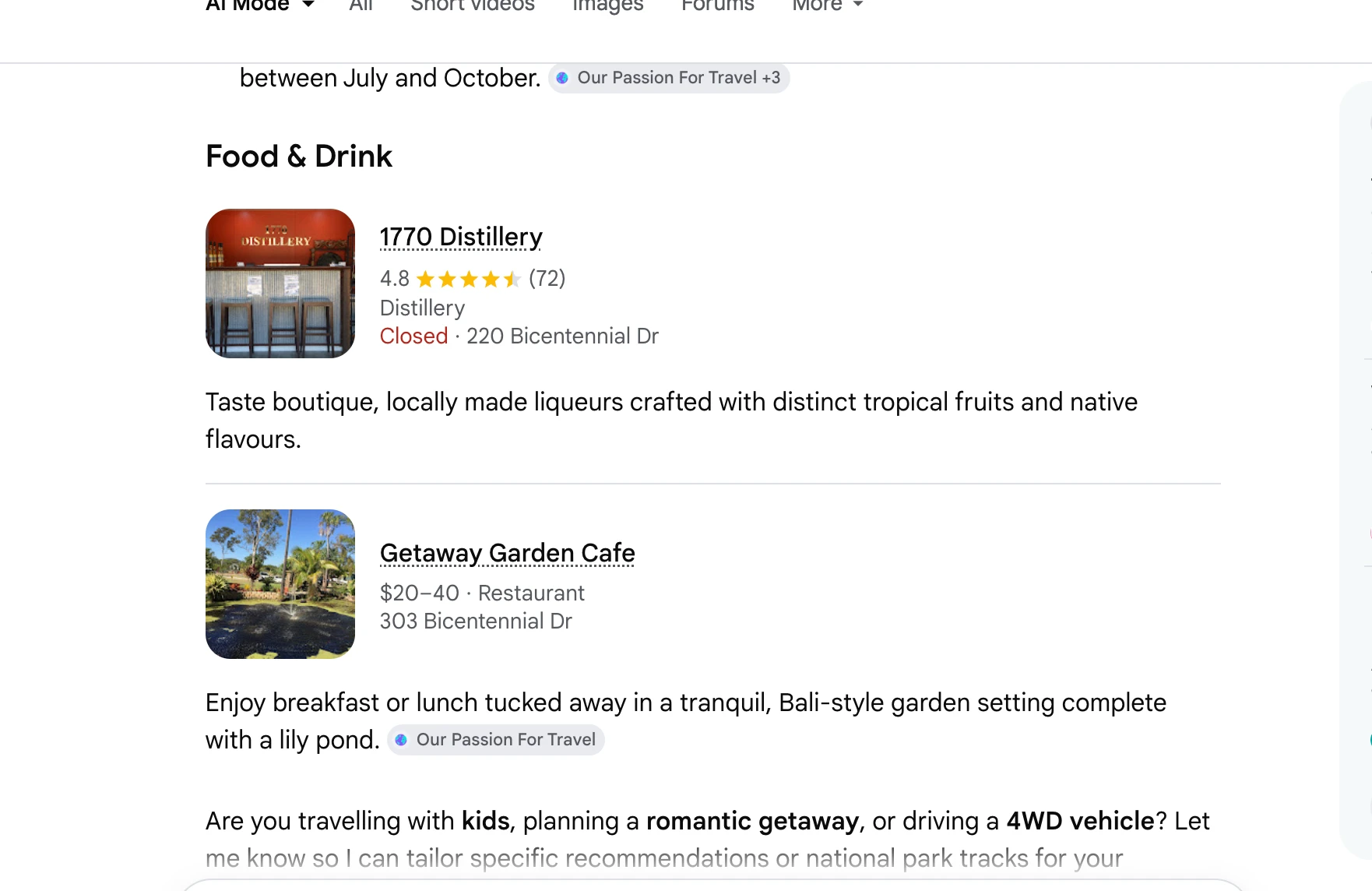 Google AI Mode listing a distillery and a closed cafe as places to eat in Agnes Water