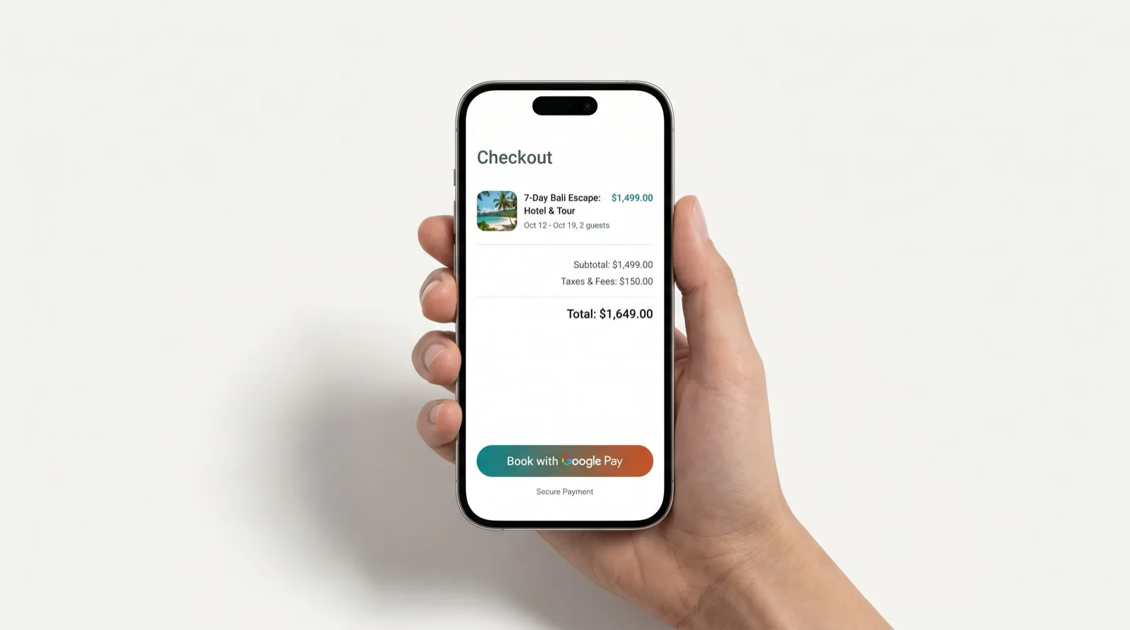 A phone showing a holiday booking in a cart with a Book with Google Pay button