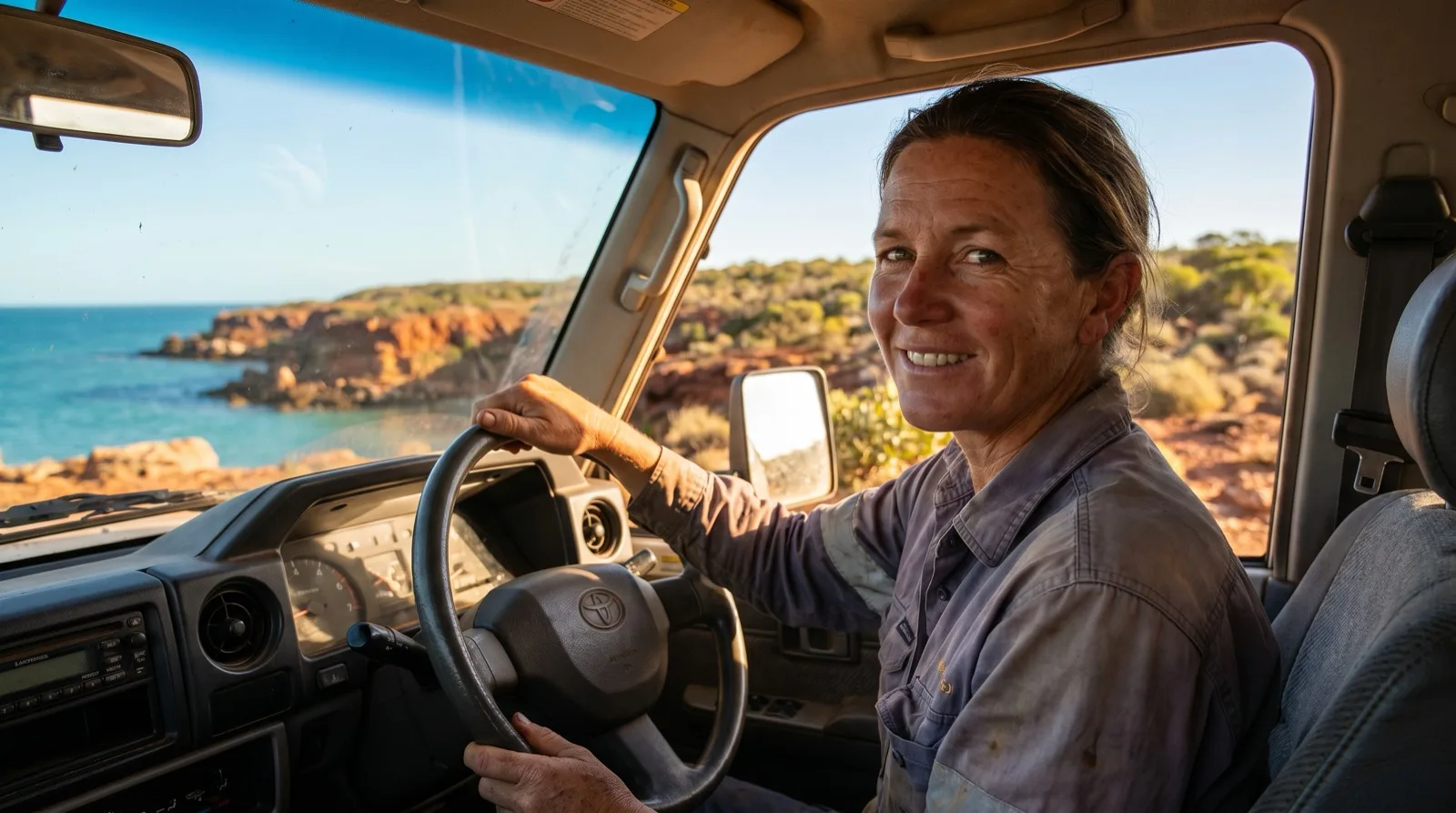 A confident tourism operator at the helm of a boat