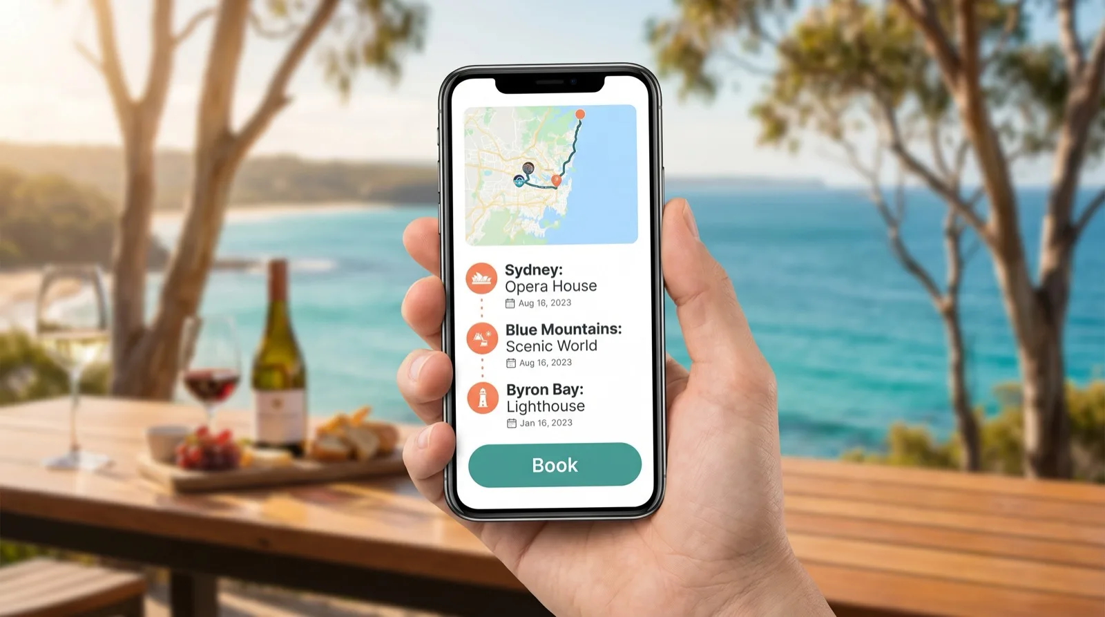 A phone showing a travel itinerary with a map and a Book button