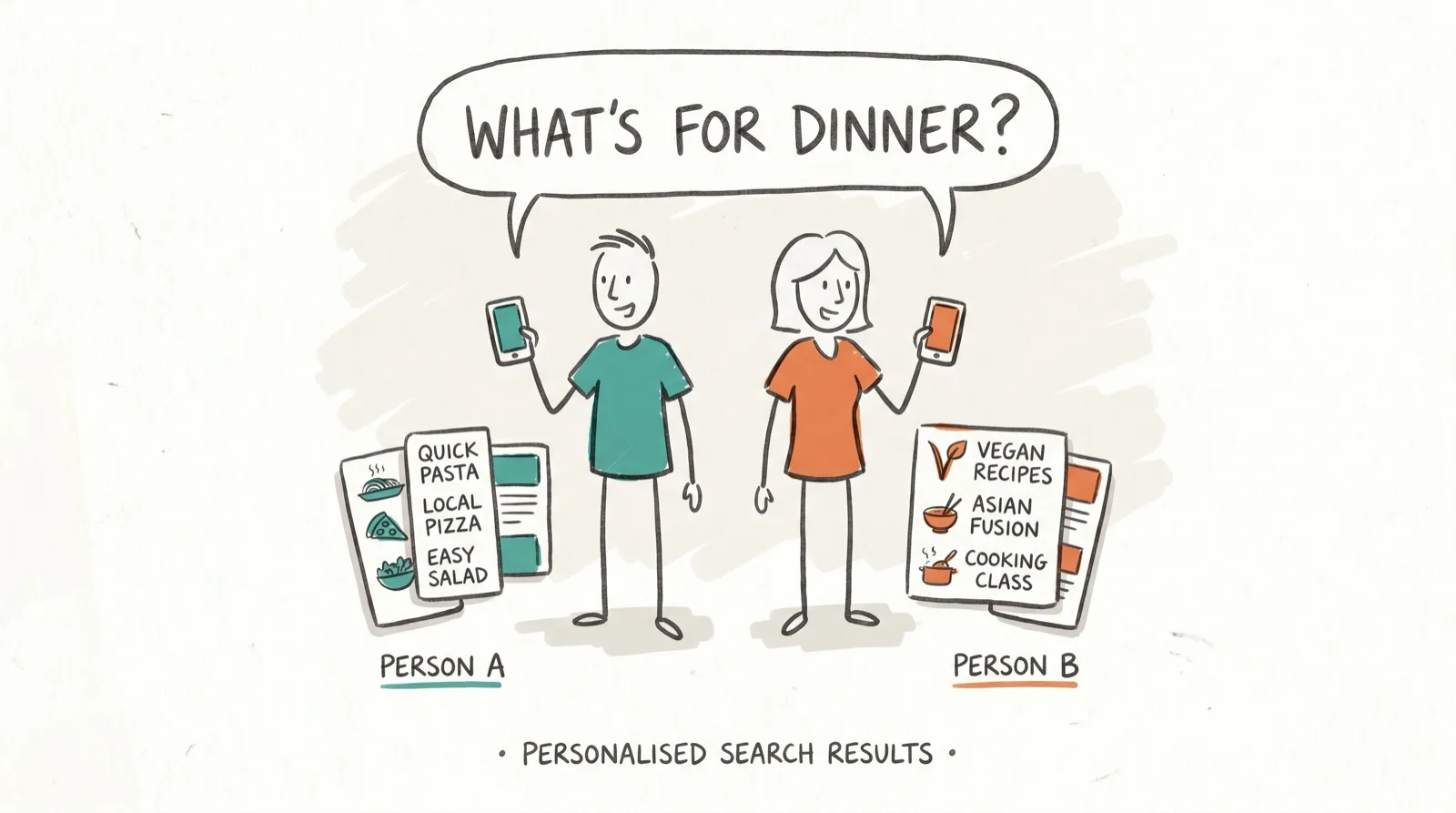 Sketch of two people asking the same question and getting different AI answers