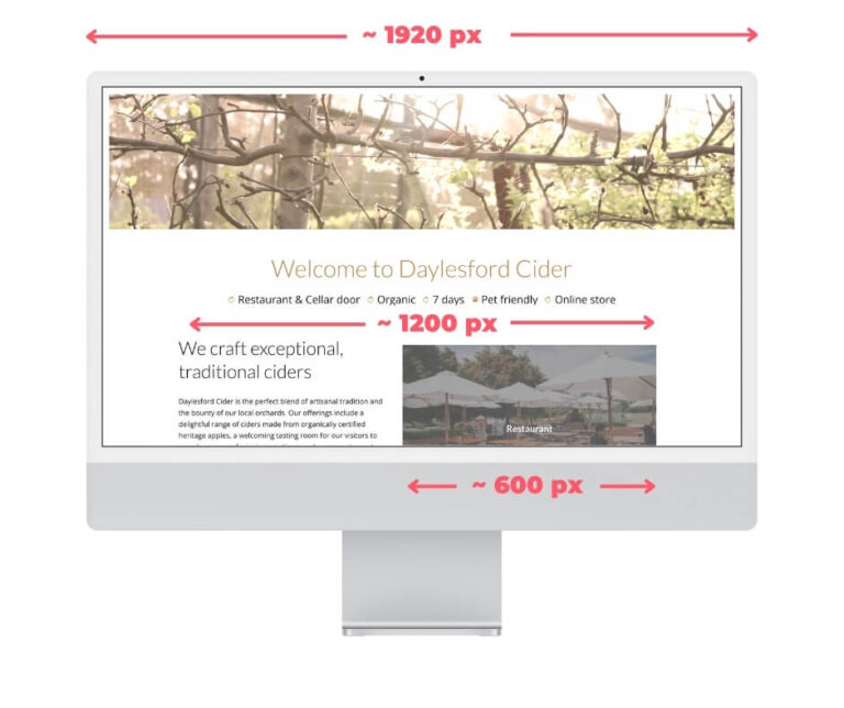 A graphic showing a computer monitor is 1920px wide (for a hero image), a container is 1200px and half of that is 600px (for images that are half a container in width).