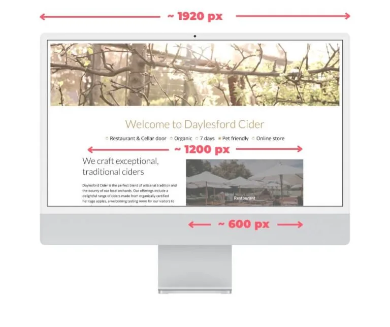 Website layout diagram showing Daylesford Cider homepage with image dimension annotations.