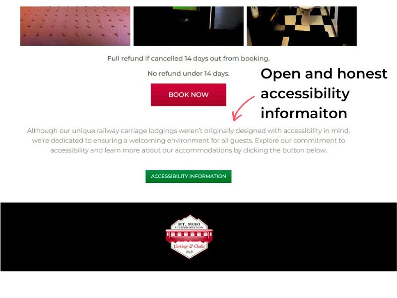 A website page for Mt Nebo Railway Carriages with an accessibility button and text that reads, "Although our unique railway carriage lodgings weren’t originally designed with accessibility in mind, we’re dedicated to ensuring a welcoming environment for all guests. Explore our commitment to accessibility and learn more about our accommodations by clicking the button below."