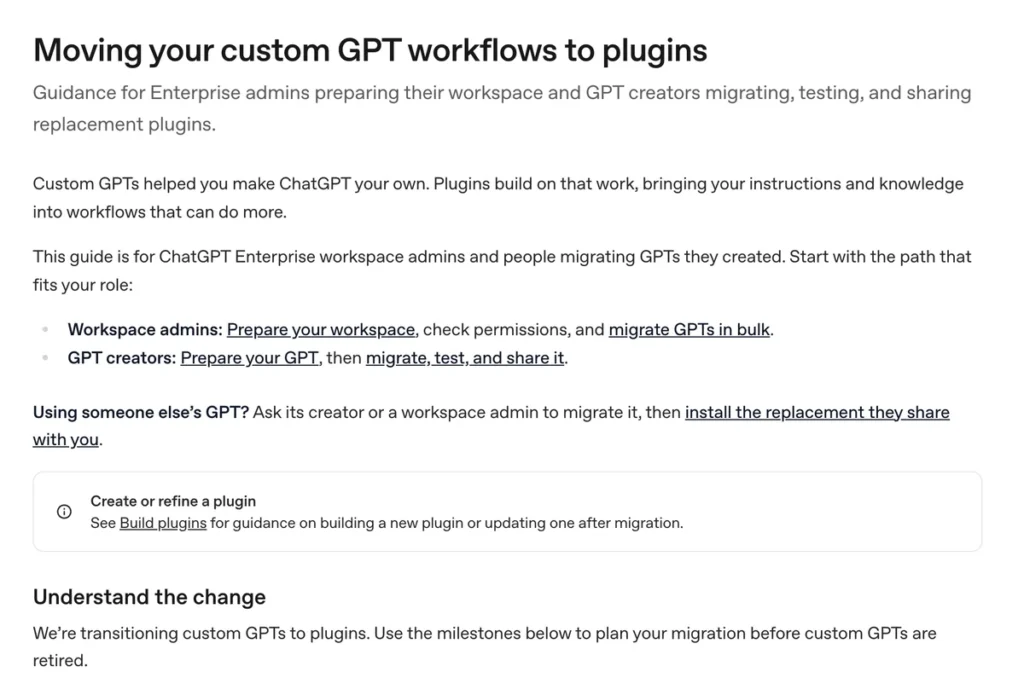 Screenshot of OpenAI's ChatGPT Learn page "Moving your custom GPT workflows to plugins", which says OpenAI is transitioning custom GPTs to plugins before custom GPTs are retired.