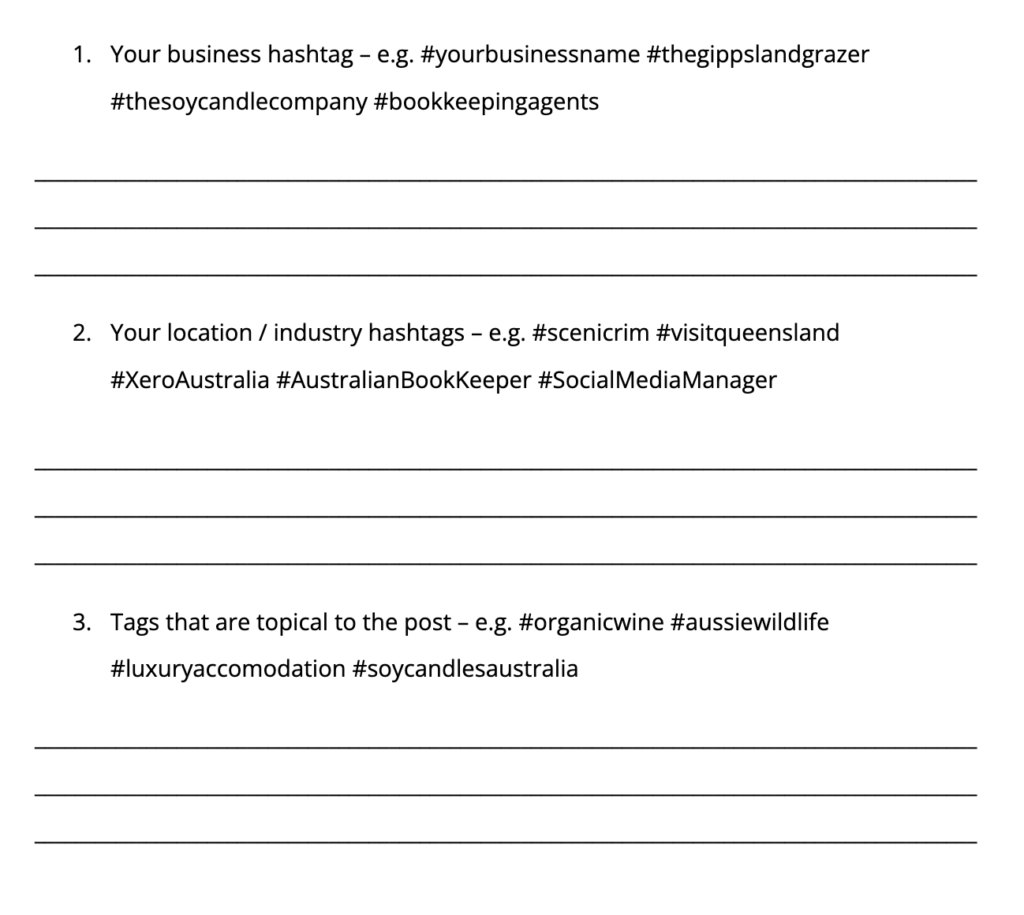 a list of Instagram hashtag groups, a list of instagram hashtag types, the purpose of instagram hashtags using small business examples