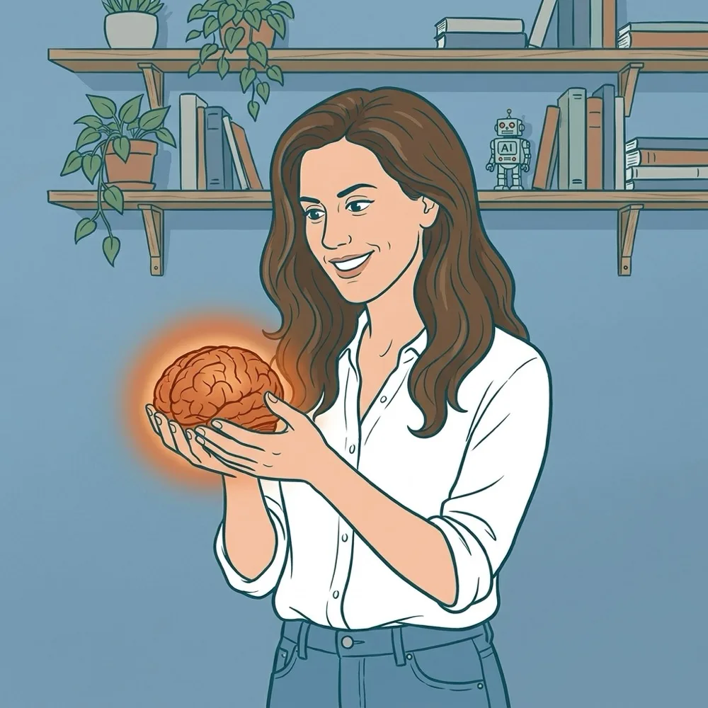 A business owner holding a glowing brain in her hands, a small AI robot on the bookshelf behind her.