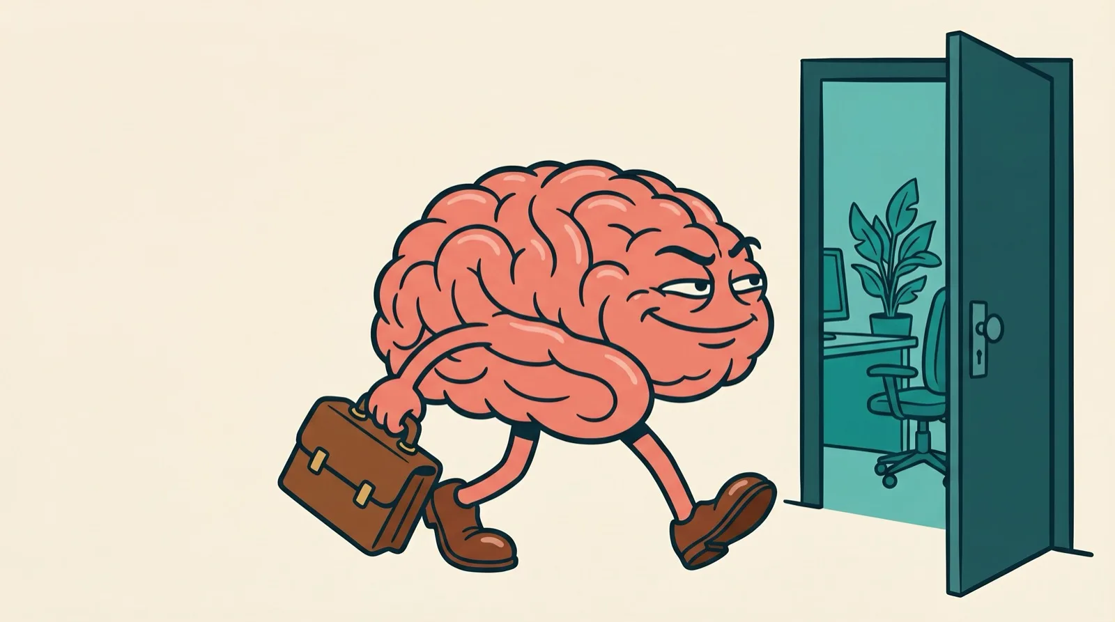 A cartoon brain carrying a briefcase, walking out through an open office door.