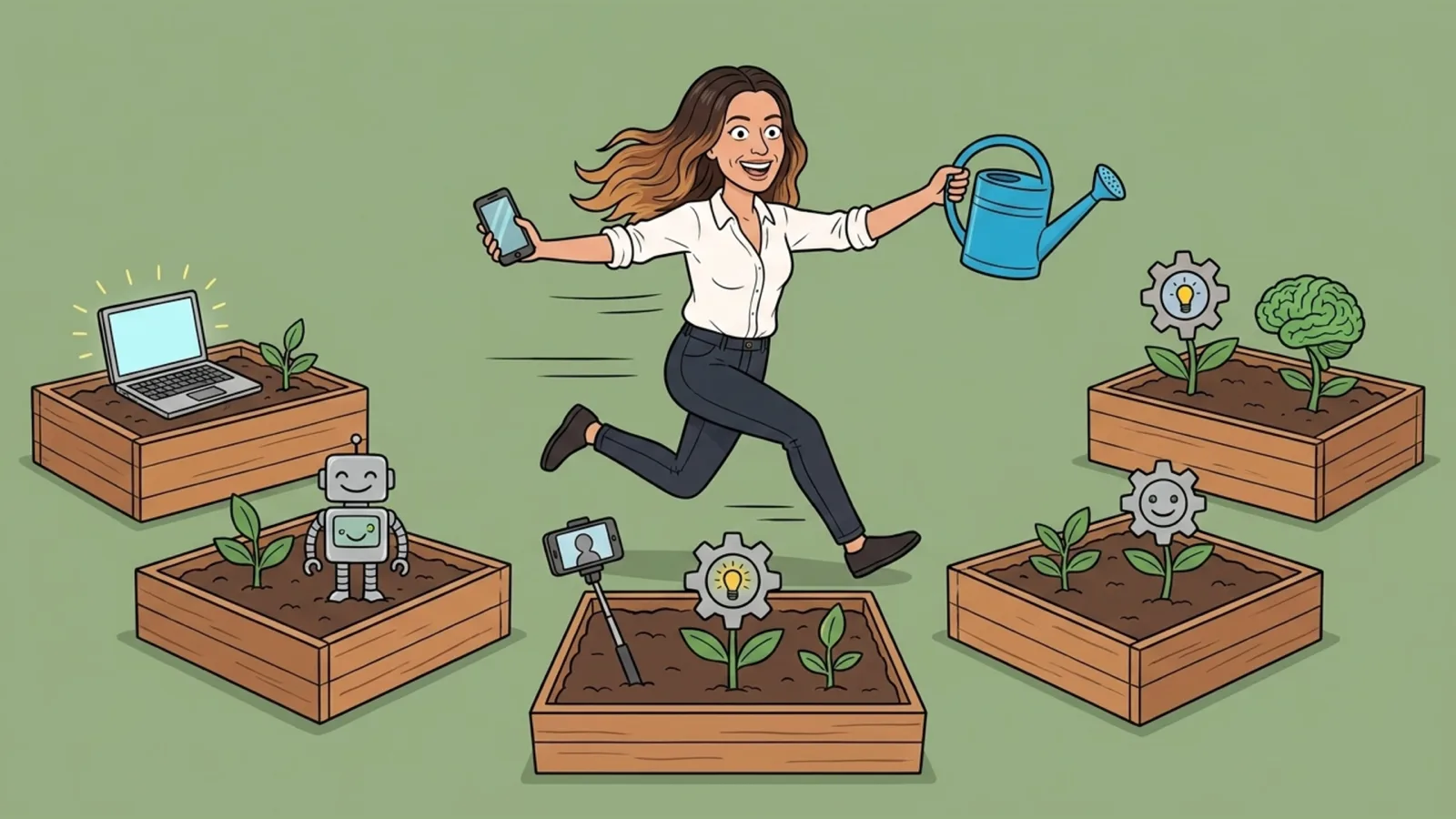 A business owner running between garden beds, each sprouting a different AI tool: a laptop, a chatbot, a phone, a glowing brain.