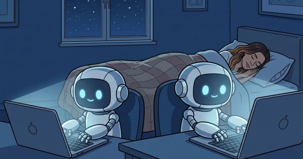 A business owner asleep in bed while two AI robots type away on laptops through the night.