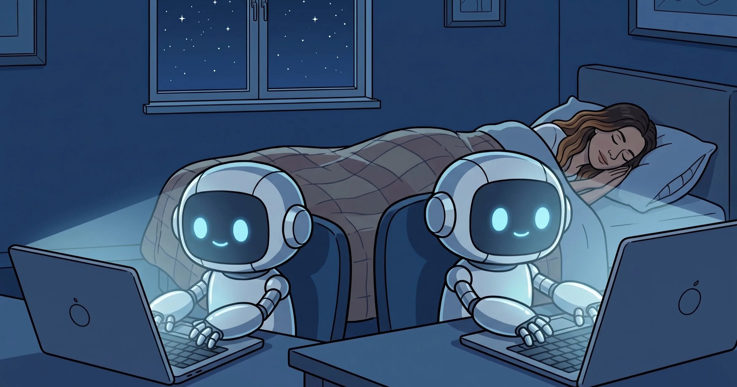 A business owner asleep in bed while two AI robots type away on laptops through the night.