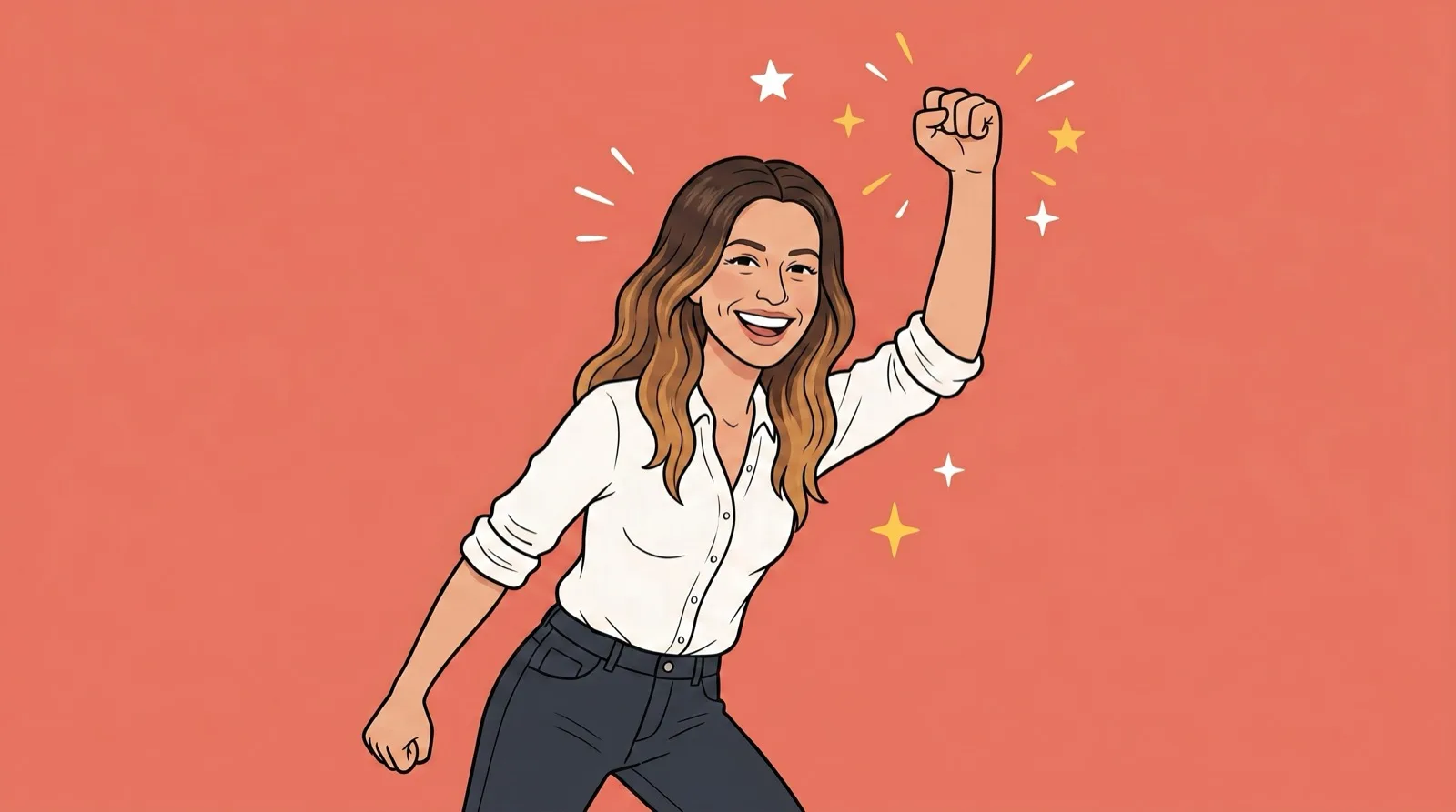 A business owner punching the air, grinning, surrounded by sparkles.