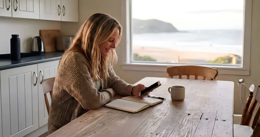 Woman in a knitted cardigan smiling at her phone at a timber kitchen table, with a notebook, a mug and a window view of a beach and headland