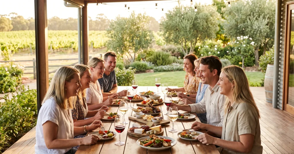 Guests tasting wine and food at a restaurant cellar door