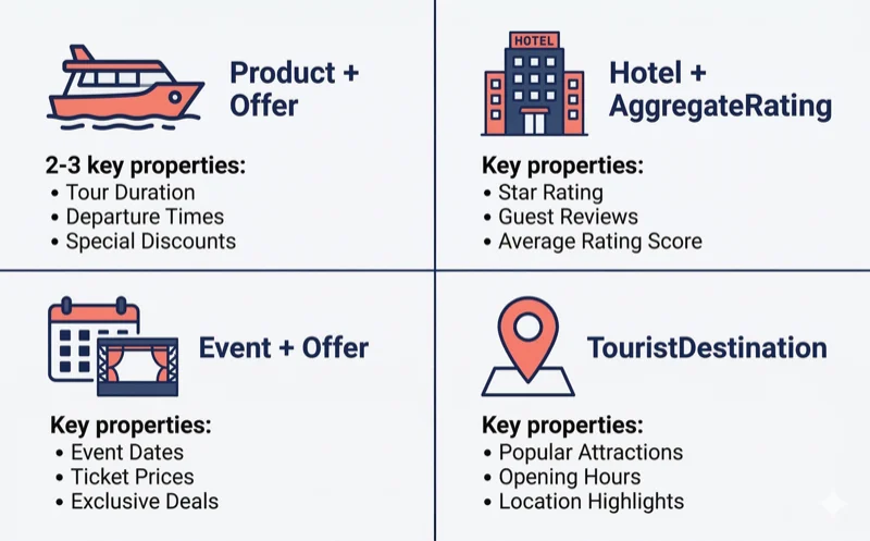 Infographic showing four main schema types for tourism businesses. Product for tours, Hotel for accommodation, Event for festivals, and TouristDestination for DMOs.