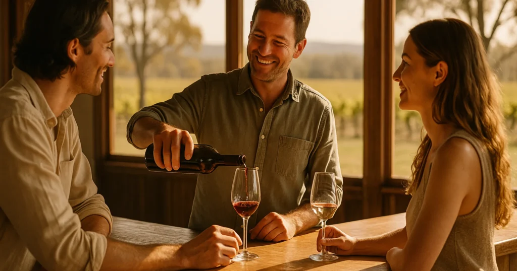 A cellar door host pours a wine tasting for two travellers at a rustic timber counter in a sunlit regional Australian winery, with the vineyard visible through the windows.
