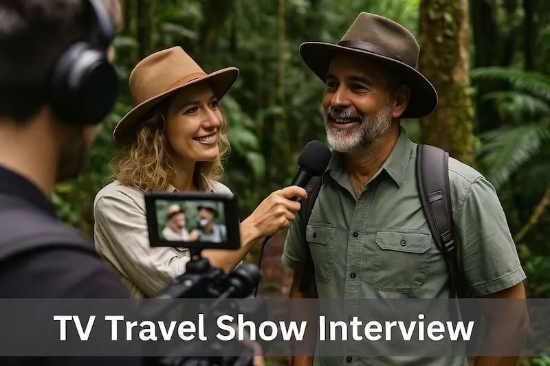 Woman in tan hat interviewing man in khaki shirt and cowboy hat in rainforest setting.