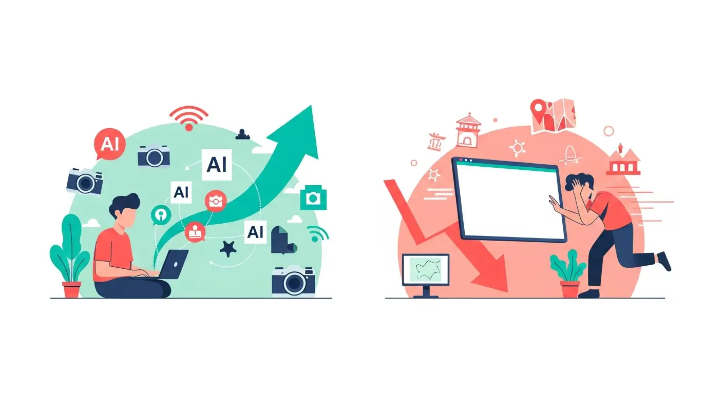 Illustration showing a tourism business growing with AI versus one falling behind without it