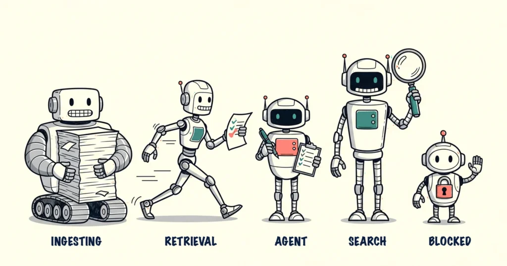 Five cartoon robots labelled ingesting, retrieval, agent, search and blocked