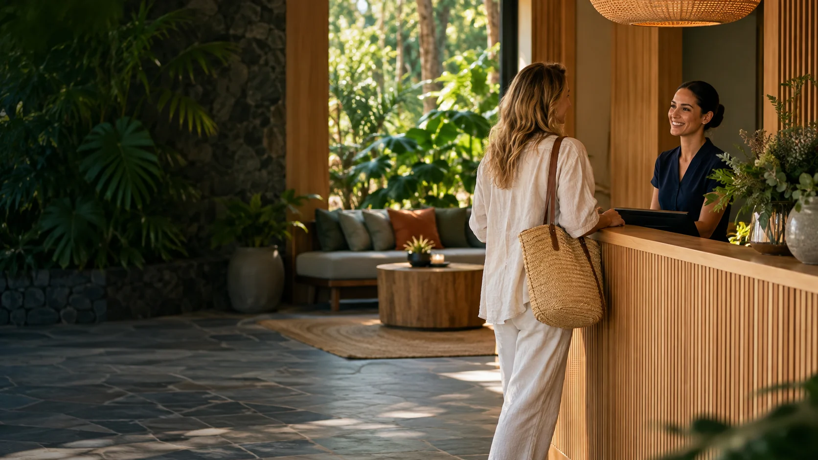 AI-generated illustration of a visitor arriving at a wellness retreat reception.